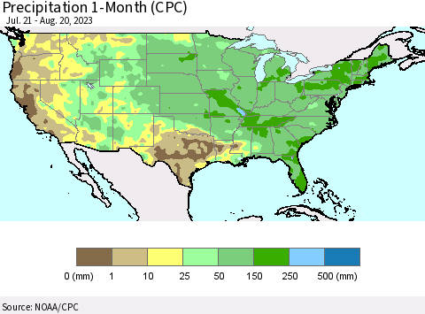 United States Precipitation 1-Month (CPC) Thematic Map For 7/21/2023 - 8/20/2023