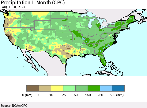 United States Precipitation 1-Month (CPC) Thematic Map For 8/1/2023 - 8/31/2023