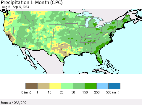 United States Precipitation 1-Month (CPC) Thematic Map For 8/6/2023 - 9/5/2023