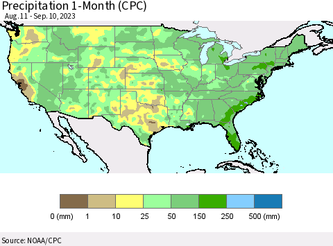United States Precipitation 1-Month (CPC) Thematic Map For 8/11/2023 - 9/10/2023