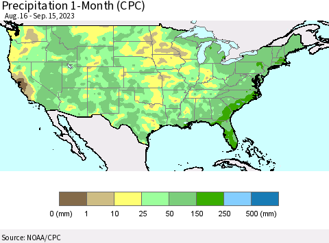 United States Precipitation 1-Month (CPC) Thematic Map For 8/16/2023 - 9/15/2023