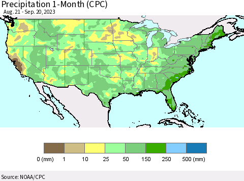 United States Precipitation 1-Month (CPC) Thematic Map For 8/21/2023 - 9/20/2023