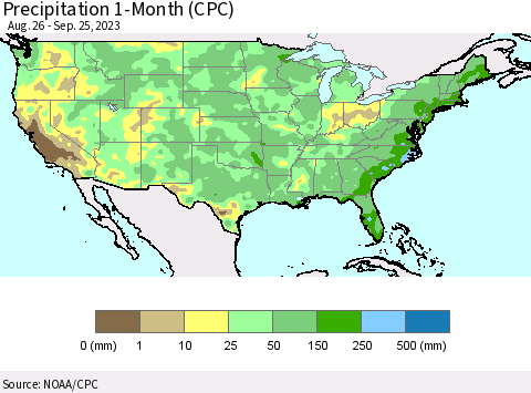 United States Precipitation 1-Month (CPC) Thematic Map For 8/26/2023 - 9/25/2023