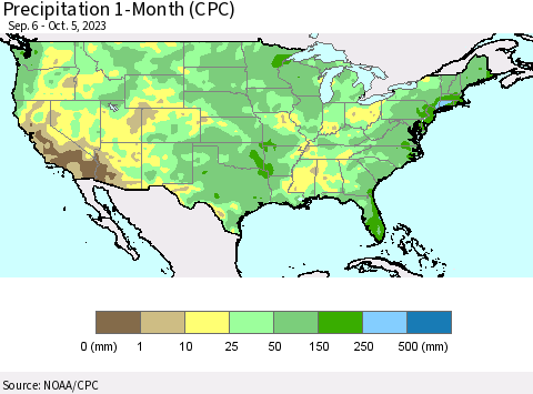 United States Precipitation 1-Month (CPC) Thematic Map For 9/6/2023 - 10/5/2023
