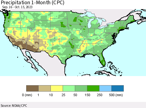 United States Precipitation 1-Month (CPC) Thematic Map For 9/16/2023 - 10/15/2023
