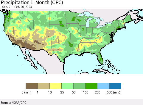 United States Precipitation 1-Month (CPC) Thematic Map For 9/21/2023 - 10/20/2023