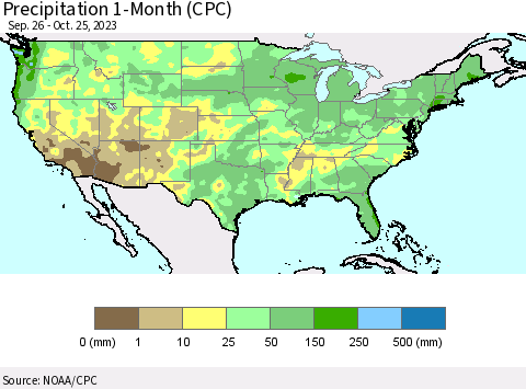 United States Precipitation 1-Month (CPC) Thematic Map For 9/26/2023 - 10/25/2023