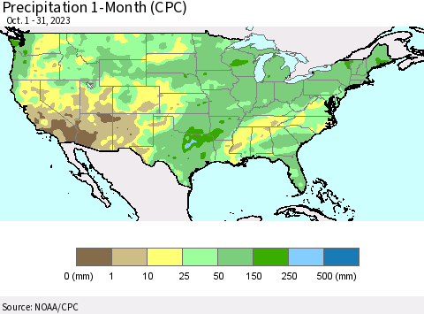 United States Precipitation 1-Month (CPC) Thematic Map For 10/1/2023 - 10/31/2023