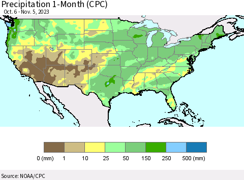 United States Precipitation 1-Month (CPC) Thematic Map For 10/6/2023 - 11/5/2023