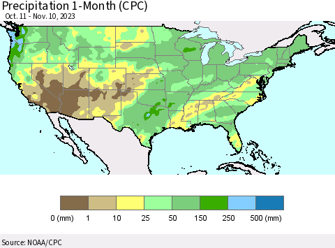 United States Precipitation 1-Month (CPC) Thematic Map For 10/11/2023 - 11/10/2023