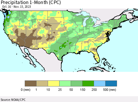 United States Precipitation 1-Month (CPC) Thematic Map For 10/16/2023 - 11/15/2023