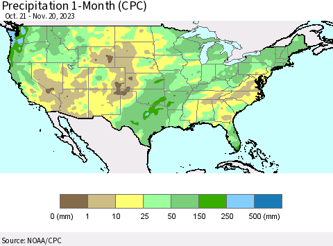 United States Precipitation 1-Month (CPC) Thematic Map For 10/21/2023 - 11/20/2023