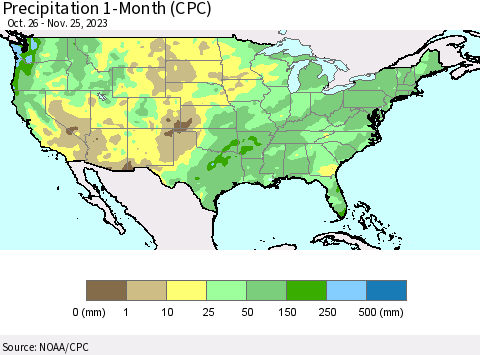 United States Precipitation 1-Month (CPC) Thematic Map For 10/26/2023 - 11/25/2023