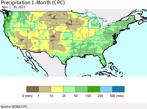 United States Precipitation 1-Month (CPC) Thematic Map For 11/1/2023 - 11/30/2023