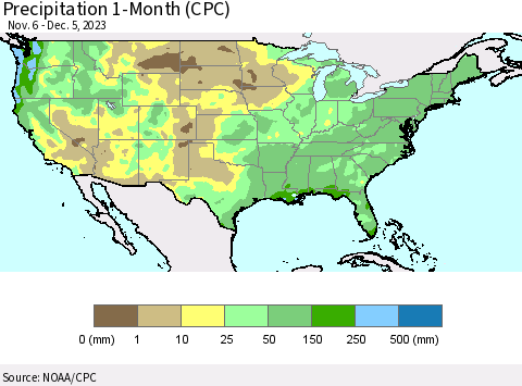 United States Precipitation 1-Month (CPC) Thematic Map For 11/6/2023 - 12/5/2023