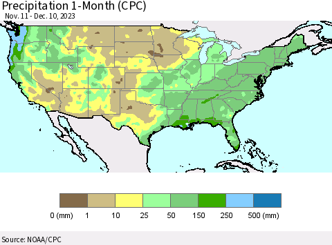 United States Precipitation 1-Month (CPC) Thematic Map For 11/11/2023 - 12/10/2023