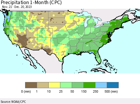 United States Precipitation 1-Month (CPC) Thematic Map For 11/21/2023 - 12/20/2023