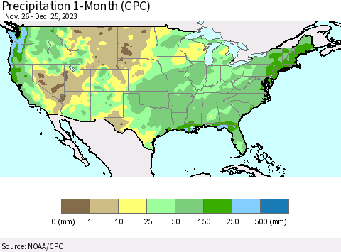United States Precipitation 1-Month (CPC) Thematic Map For 11/26/2023 - 12/25/2023