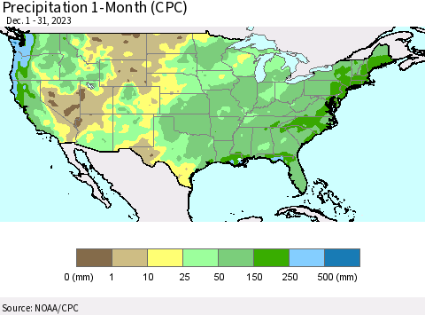United States Precipitation 1-Month (CPC) Thematic Map For 12/1/2023 - 12/31/2023