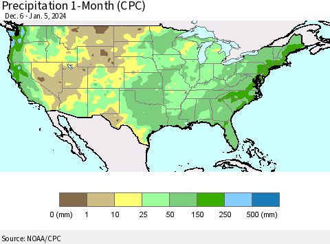 United States Precipitation 1-Month (CPC) Thematic Map For 12/6/2023 - 1/5/2024