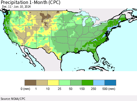 United States Precipitation 1-Month (CPC) Thematic Map For 12/11/2023 - 1/10/2024
