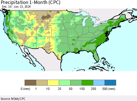 United States Precipitation 1-Month (CPC) Thematic Map For 12/16/2023 - 1/15/2024