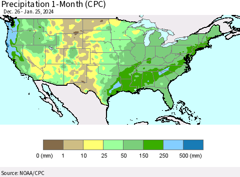 United States Precipitation 1-Month (CPC) Thematic Map For 12/26/2023 - 1/25/2024