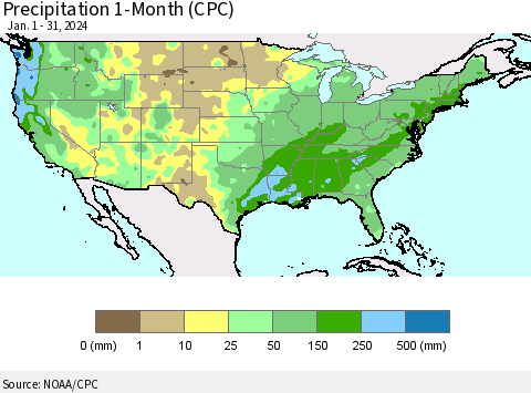 United States Precipitation 1-Month (CPC) Thematic Map For 1/1/2024 - 1/31/2024