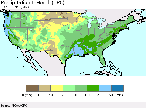 United States Precipitation 1-Month (CPC) Thematic Map For 1/6/2024 - 2/5/2024
