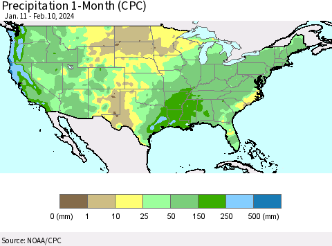 United States Precipitation 1-Month (CPC) Thematic Map For 1/11/2024 - 2/10/2024