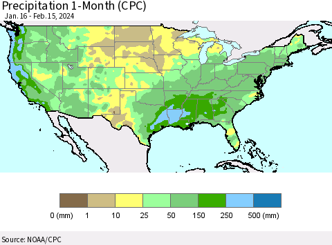 United States Precipitation 1-Month (CPC) Thematic Map For 1/16/2024 - 2/15/2024