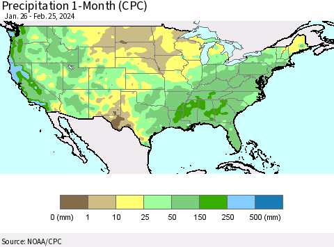 United States Precipitation 1-Month (CPC) Thematic Map For 1/26/2024 - 2/25/2024