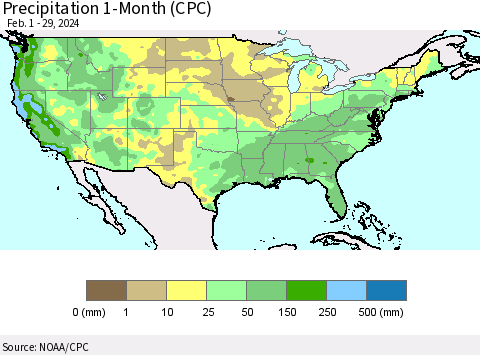 United States Precipitation 1-Month (CPC) Thematic Map For 2/1/2024 - 2/29/2024