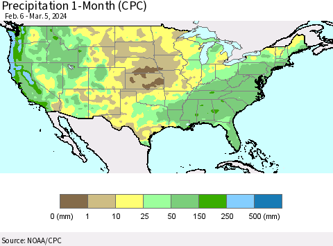 United States Precipitation 1-Month (CPC) Thematic Map For 2/6/2024 - 3/5/2024
