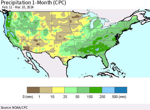 United States Precipitation 1-Month (CPC) Thematic Map For 2/11/2024 - 3/10/2024
