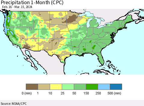 United States Precipitation 1-Month (CPC) Thematic Map For 2/16/2024 - 3/15/2024