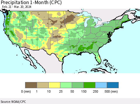 United States Precipitation 1-Month (CPC) Thematic Map For 2/21/2024 - 3/20/2024