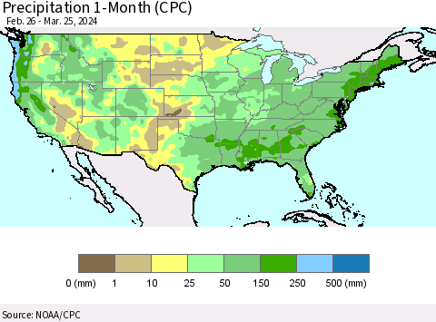United States Precipitation 1-Month (CPC) Thematic Map For 2/26/2024 - 3/25/2024