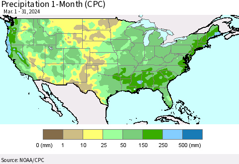 United States Precipitation 1-Month (CPC) Thematic Map For 3/1/2024 - 3/31/2024