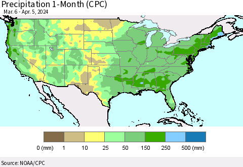United States Precipitation 1-Month (CPC) Thematic Map For 3/6/2024 - 4/5/2024