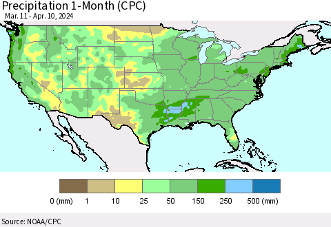 United States Precipitation 1-Month (CPC) Thematic Map For 3/11/2024 - 4/10/2024