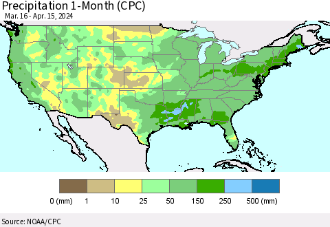 United States Precipitation 1-Month (CPC) Thematic Map For 3/16/2024 - 4/15/2024