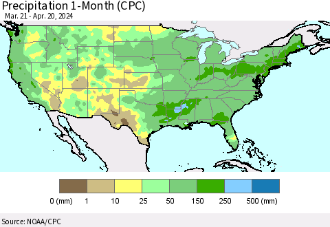 United States Precipitation 1-Month (CPC) Thematic Map For 3/21/2024 - 4/20/2024
