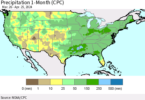 United States Precipitation 1-Month (CPC) Thematic Map For 3/26/2024 - 4/25/2024