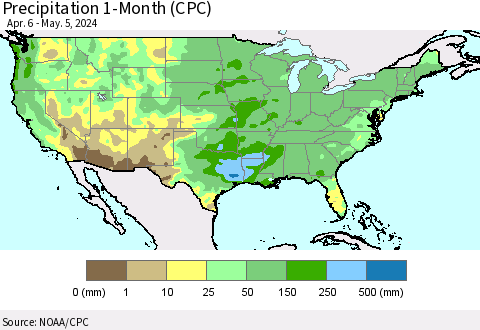United States Precipitation 1-Month (CPC) Thematic Map For 4/6/2024 - 5/5/2024