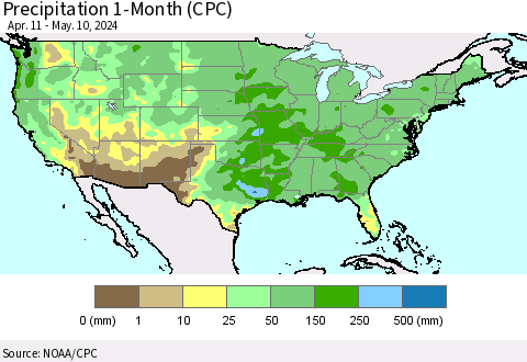 United States Precipitation 1-Month (CPC) Thematic Map For 4/11/2024 - 5/10/2024