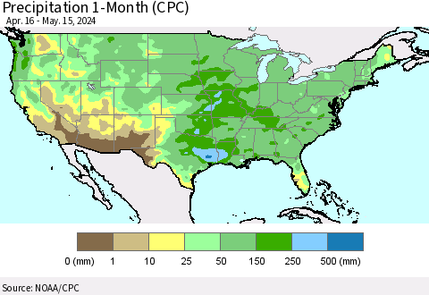 United States Precipitation 1-Month (CPC) Thematic Map For 4/16/2024 - 5/15/2024