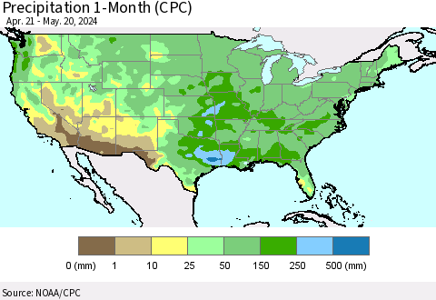 United States Precipitation 1-Month (CPC) Thematic Map For 4/21/2024 - 5/20/2024