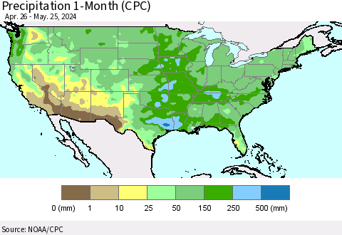 United States Precipitation 1-Month (CPC) Thematic Map For 4/26/2024 - 5/25/2024