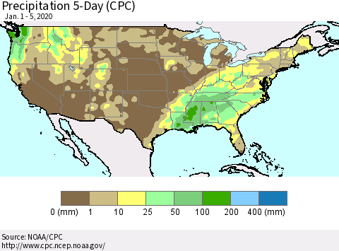 United States Precipitation 5-Day (CPC) Thematic Map For 1/1/2020 - 1/5/2020